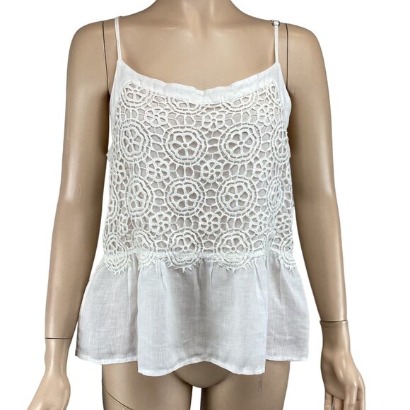 120% Lino‎ Top Size Small Crochet Lace-Trimmed White Linen Peplum - Picture 1 of 6
